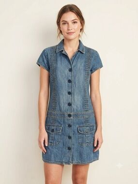 Old Navy Vintage Y2K 2004 Denim Mini Shirt Dress Blue 14